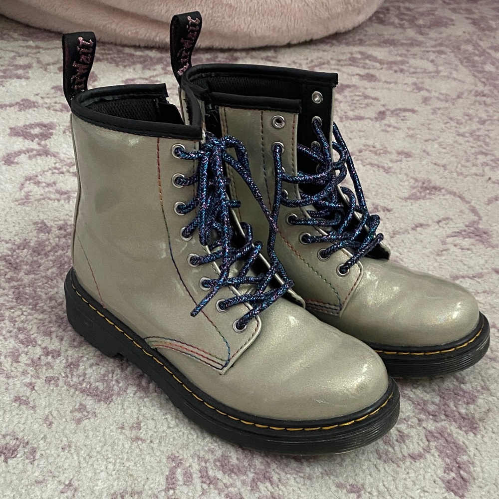 Dr. Martens Kids' Shiny Silver Boots with Blue Laces